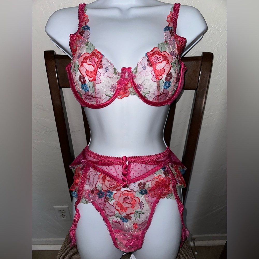 For Love & Lemons Hot Pink Floral Embroidered Lace Bra, Garter, and Panty Set